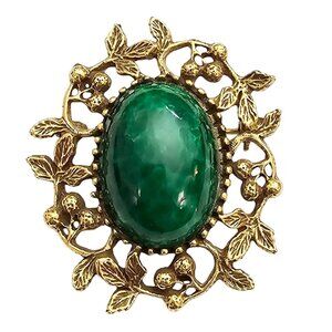 Goldette Green Mottled Glass Cab Brooch Oval Berries Leaf Pin Signed J339